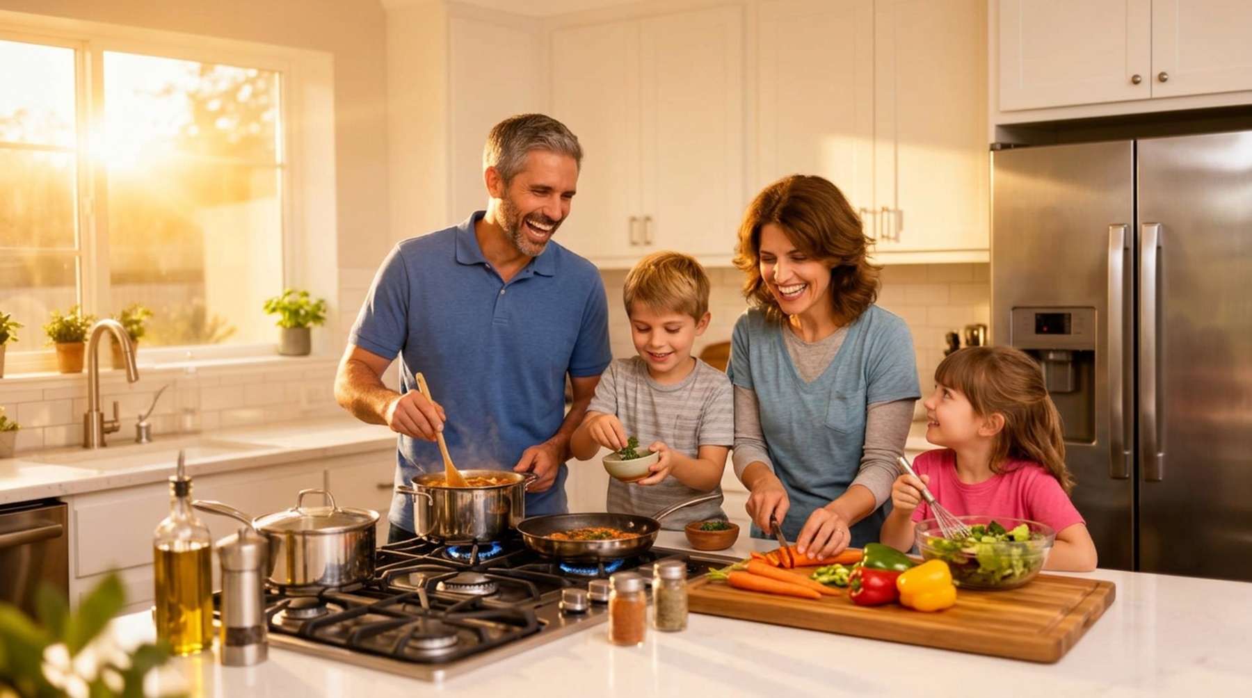 Max's Service technician helping a happy family in their kitchen